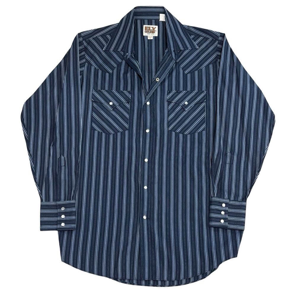 Ely Cattleman Mens Western Pearl Snap Shirt Navy Striped VTG 90s Cowboy Medium